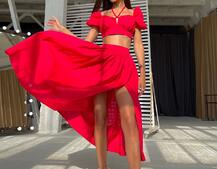 Комплект из хлопка: топ с завязками на груди + юбка-миди с разрезом  | PUSHKA SHOP