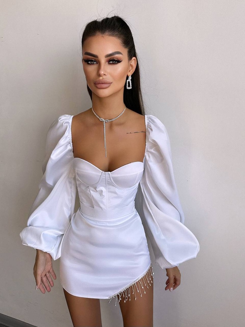 Атласний  комплект: корсет + спідниця декорована бахромою зі страз | PUSHKA SHOP