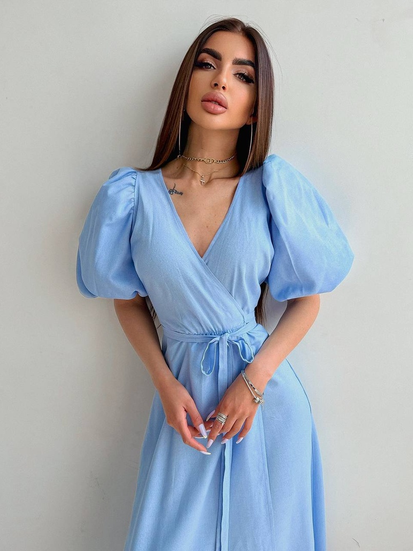 Льняное платье-миди с запахом и объемными рукавами  | PUSHKA SHOP