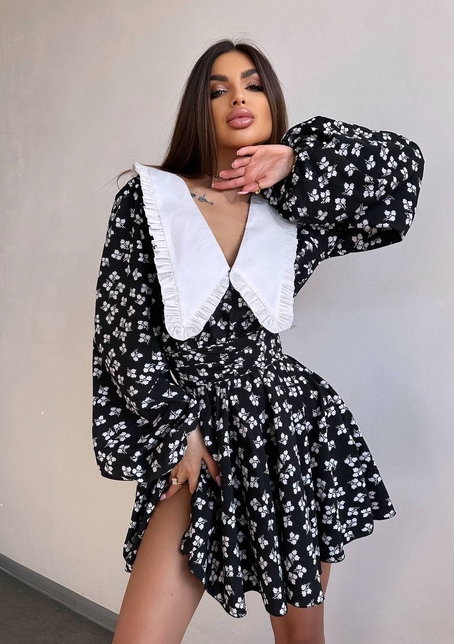 Сукня з коміром та об'ємними рукавами з широким поясом | PUSHKA SHOP