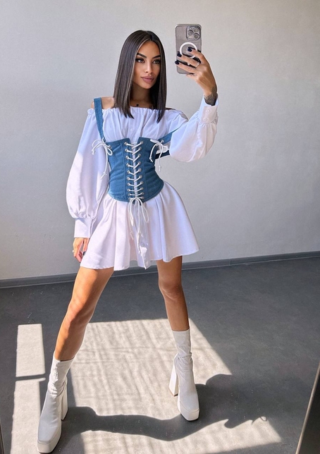 Приталена сукня-сорочка на плічках  з джинсовим корсетом на шнурівці  | PUSHKA SHOP