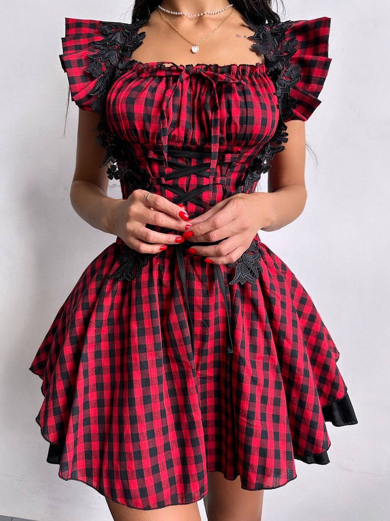Сукня в клітинку декорована мереживом  | PUSHKA SHOP