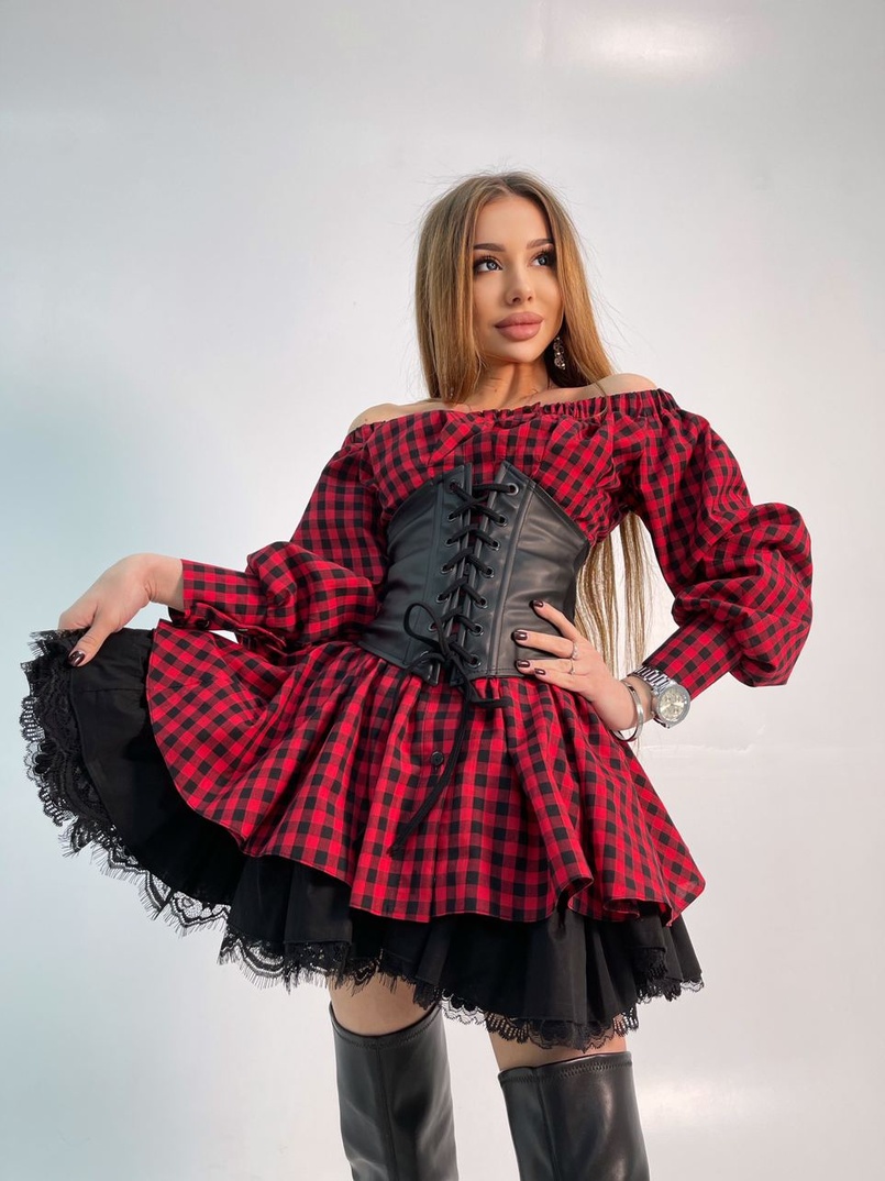 Хлопковое платье в клетку с подъюбником и корсетом из эко-кожи Хлопковое платье в клетку с подъюбником и корсетом из эко-кожи | PUSHKA SHOP