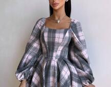 Корсетна сукня з подвійною спідницею та обʼємними рукавами у клітинку Корсетна сукня з подвійною спідницею та обʼємними рукавами у клітинку | PUSHKA SHOP