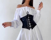 Приталенное платье-рубашка на плечиках с корсетом из эко-кожи Приталенное платье-рубашка на плечиках с корсетом из эко-кожи | PUSHKA SHOP