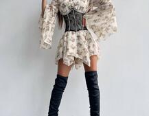 Шифонова сукня на підкладці з розкльошеними рукавами з асиметричною спідницею + корсет декорований стразами  | PUSHKA SHOP