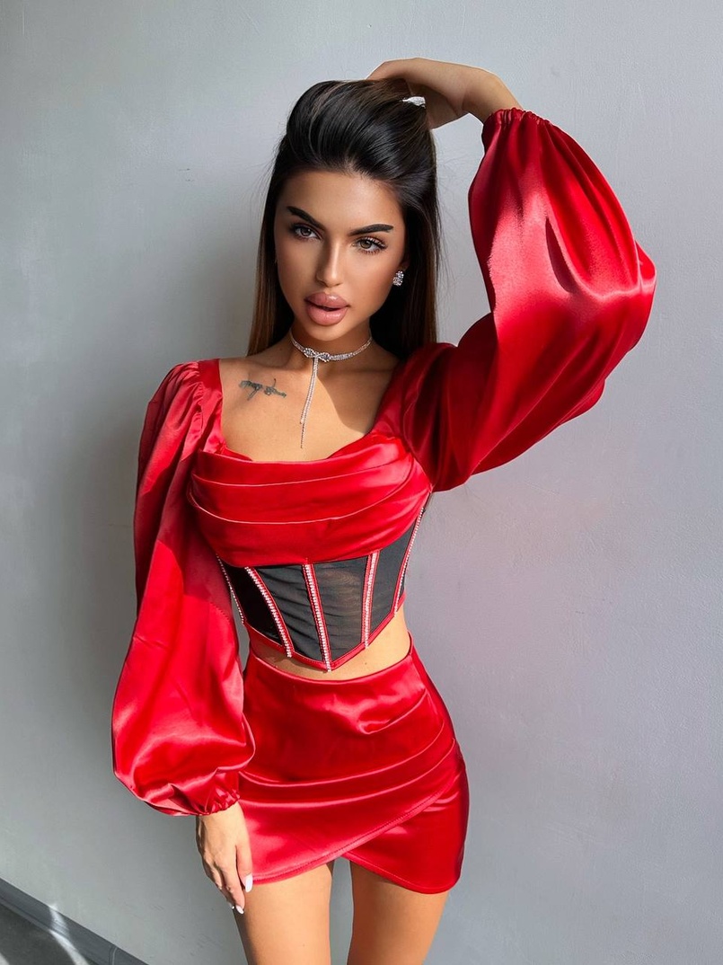 Комплект: корсет, декорований стразами   + спідниця міні з драпіруванням  | PUSHKA SHOP