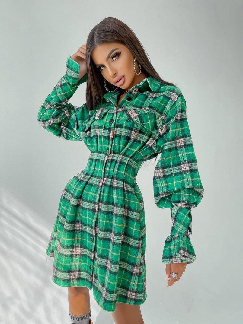 Кашемировое приталенное платье-рубашка в клетку | PUSHKA SHOP