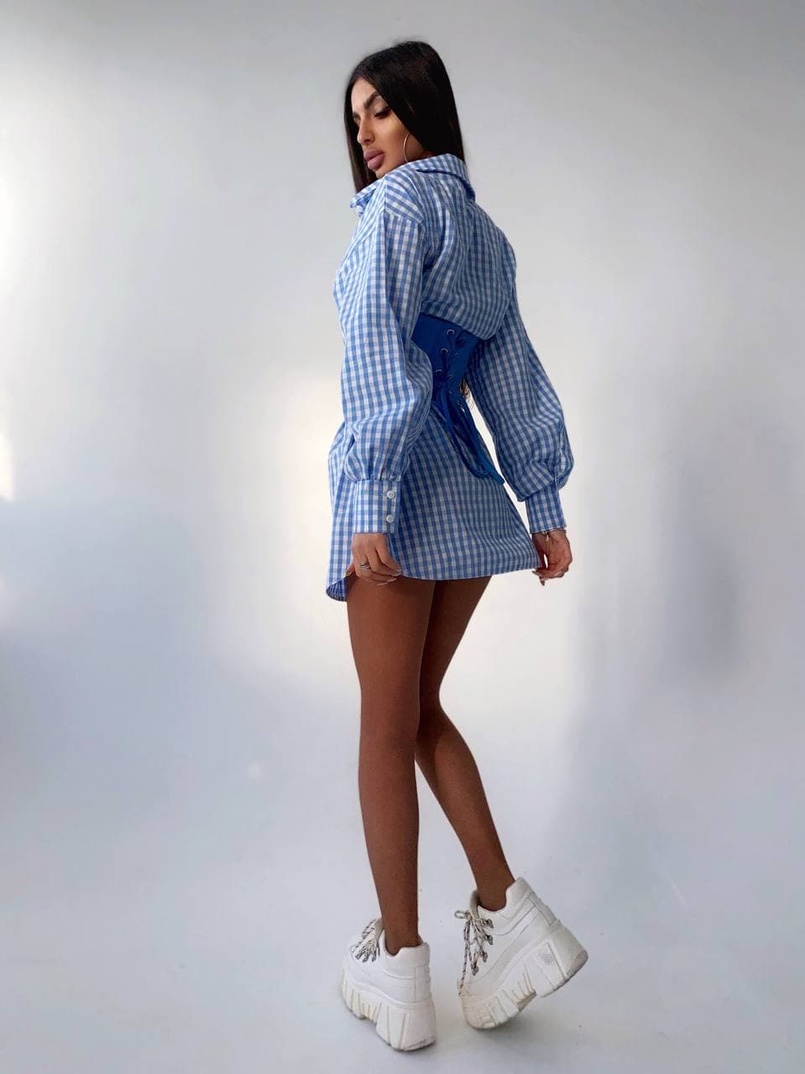 Платье-рубашка в клетку с корсетом на косточках со шнуровкой | PUSHKA SHOP