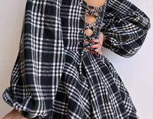 Корсетна сукня з подвійною спідницею та обʼємними рукавами у клітинку  | PUSHKA SHOP