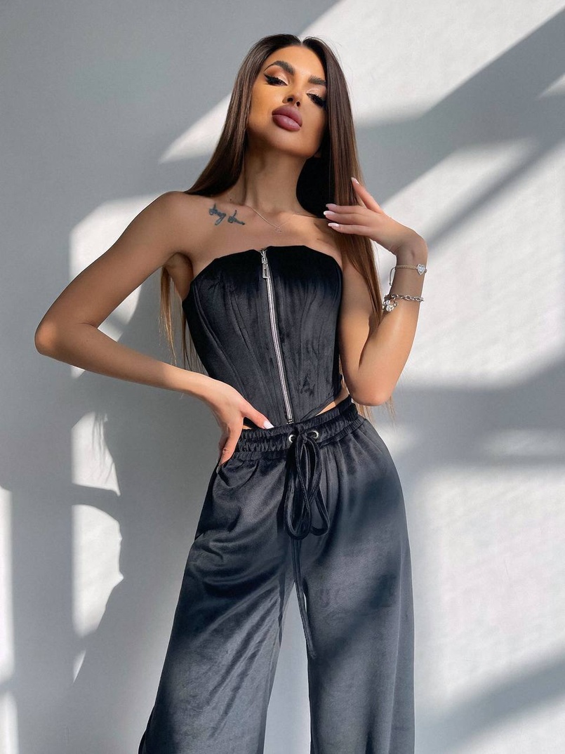 Велюровий комплект трійка: кофта + корсет на блискавці+ штани | PUSHKA SHOP