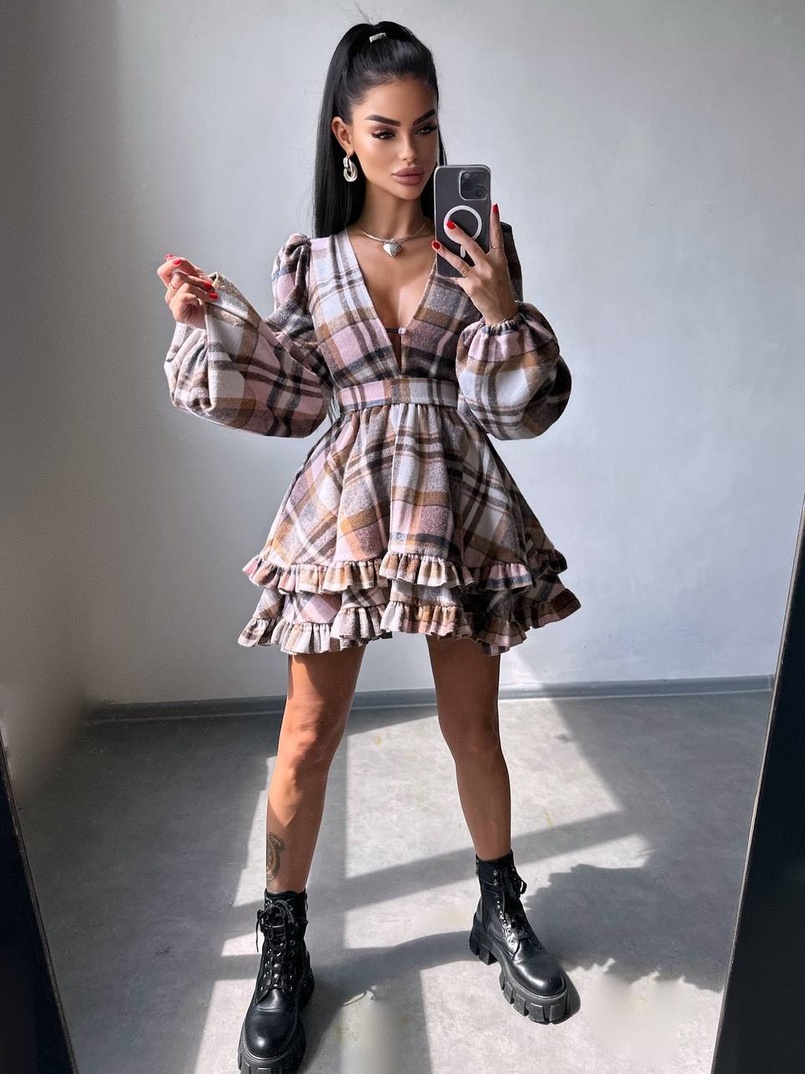 Сукня з подвійною спідницею та обʼємними рукавами у клітинку  | PUSHKA SHOP