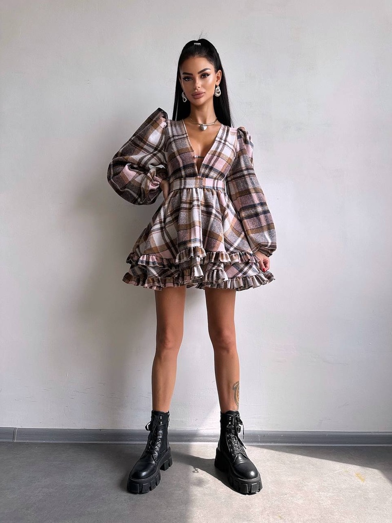 Сукня з подвійною спідницею та обʼємними рукавами у клітинку  | PUSHKA SHOP