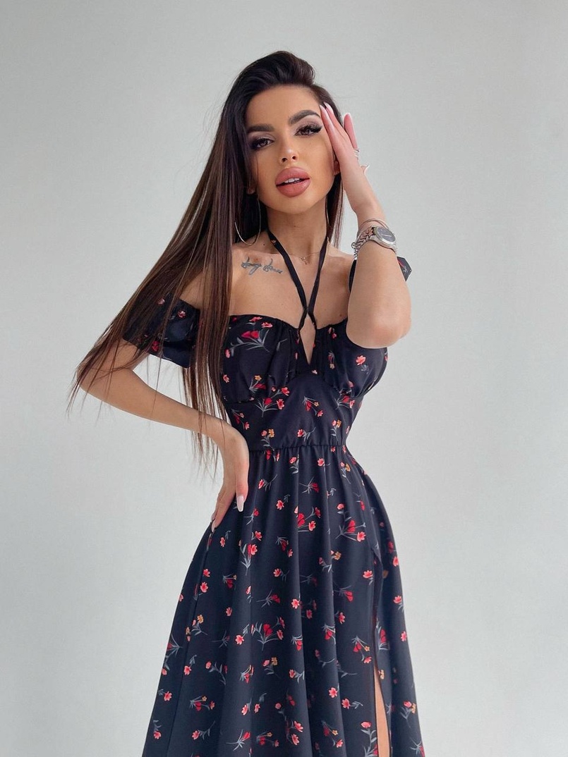 Платье миди с завязками на груди в цветочный принт Платье миди с завязками на груди в цветочный принт | PUSHKA SHOP