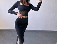 Трикотажний комплект: топ з елементами корсету та спідниця з розрізами  | PUSHKA SHOP