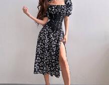 Сукня міді з розрізом в квітковий принт + прозорий корсет  Сукня міді з розрізом в квітковий принт + прозорий корсет  | PUSHKA SHOP