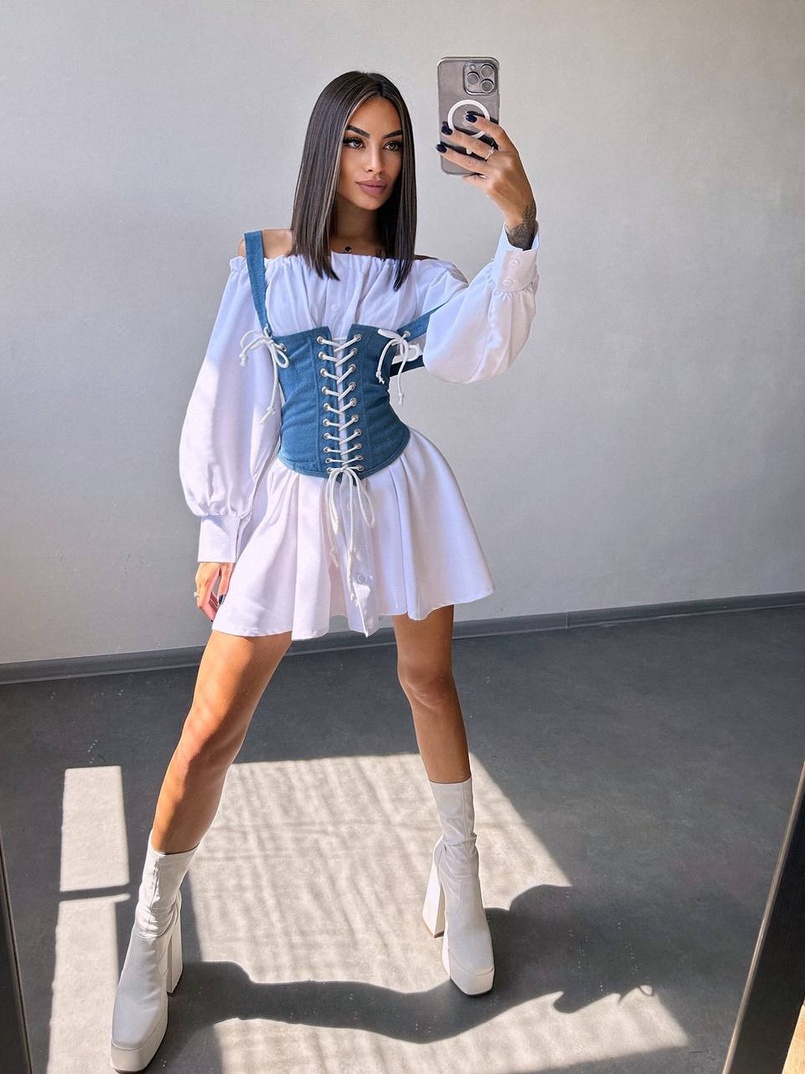 Приталена сукня-сорочка на плічках  з джинсовим корсетом на шнурівці  | PUSHKA SHOP