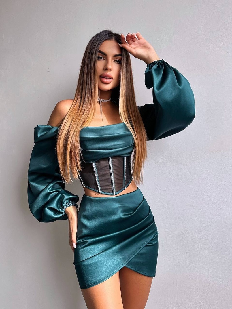 Комплект: корсет, декорований стразами   + спідниця міні з драпіруванням  | PUSHKA SHOP