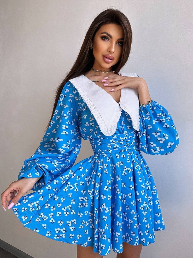 Сукня з коміром та об'ємними рукавами з широким поясом | PUSHKA SHOP