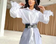 Платье-рубашка с объёмными рукавами, декорированными кружевом и юбка с карманами и элементами из эко-кожи  | PUSHKA SHOP