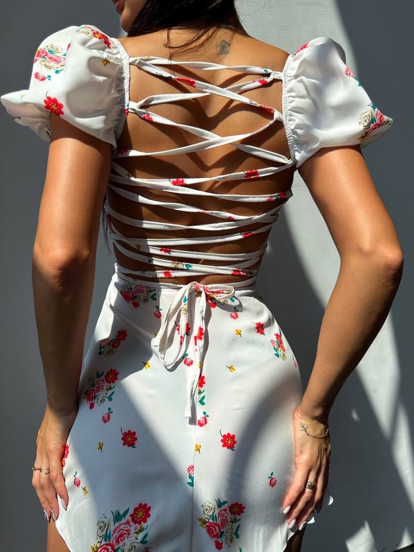 Сукня- міні у квітковий принт зі шнурівкою на спинці  | PUSHKA SHOP