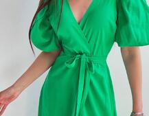 Льняное платье-миди с запахом и объемными рукавами  | PUSHKA SHOP