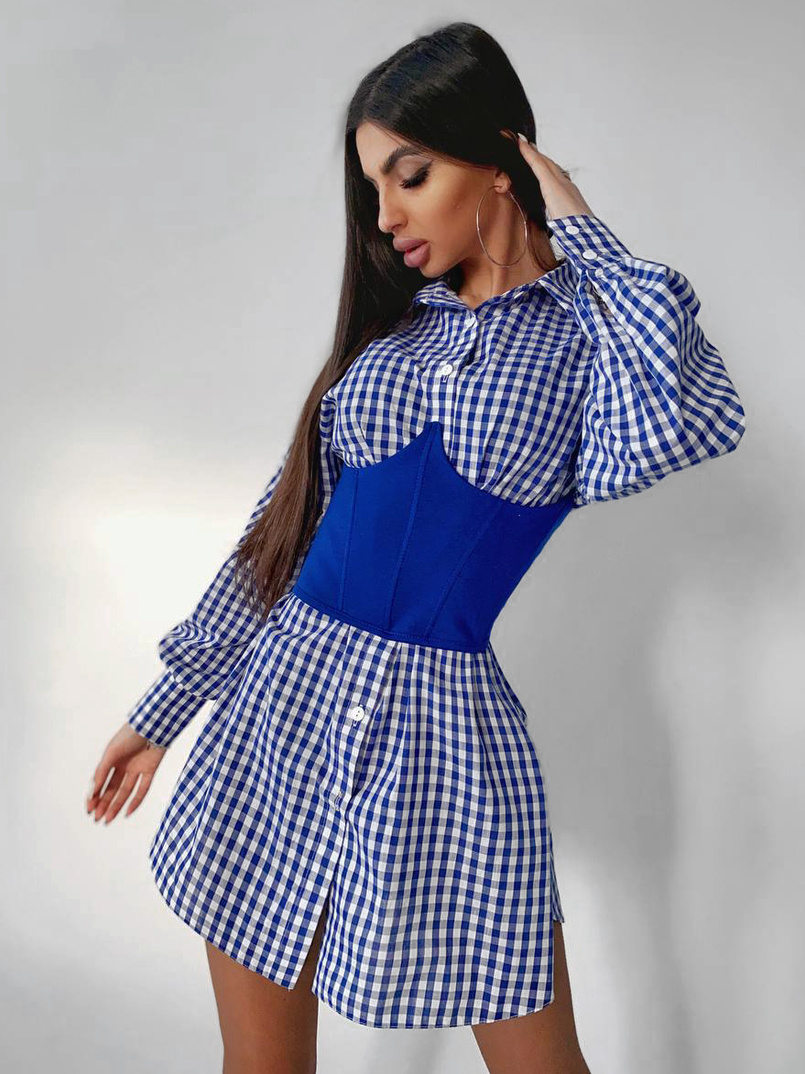 Платье-рубашка в клетку с корсетом на косточках со шнуровкой Платье-рубашка в клетку с корсетом на косточках со шнуровкой | PUSHKA SHOP