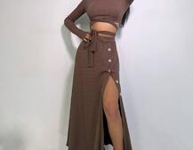 Трикотажный комплект: юбка  миди с разрезом + топ с завязками на талии  | PUSHKA SHOP