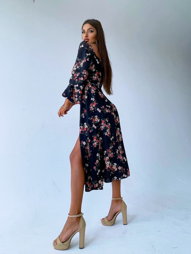 Цветочное платье миди с завязками на груди  | PUSHKA SHOP