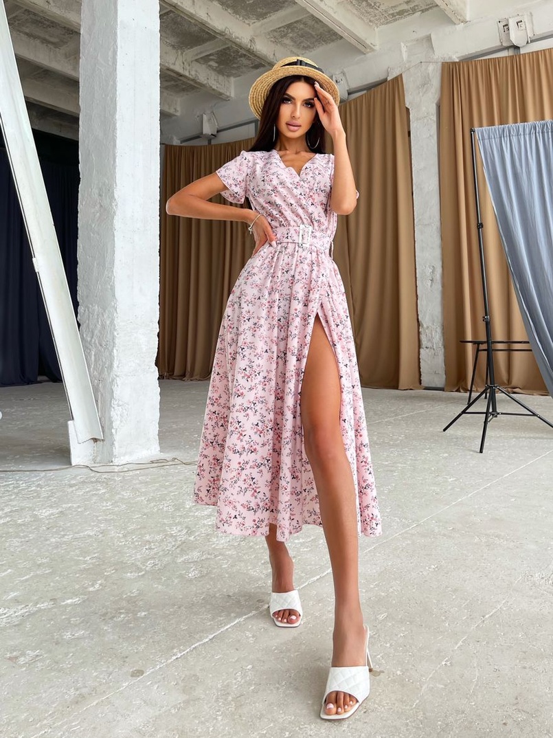 Цветочное платье-миди с широким поясом  Цветочное платье-миди с широким поясом  | PUSHKA SHOP