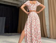 Цветочный комплект: топ с завязками на груди + юбка-макси с разрезом  | PUSHKA SHOP