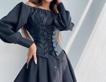 Приталена сукня-сорочка на плічках з корсетом з еко-шкіри Приталена сукня-сорочка на плічках з корсетом з еко-шкіри | PUSHKA SHOP