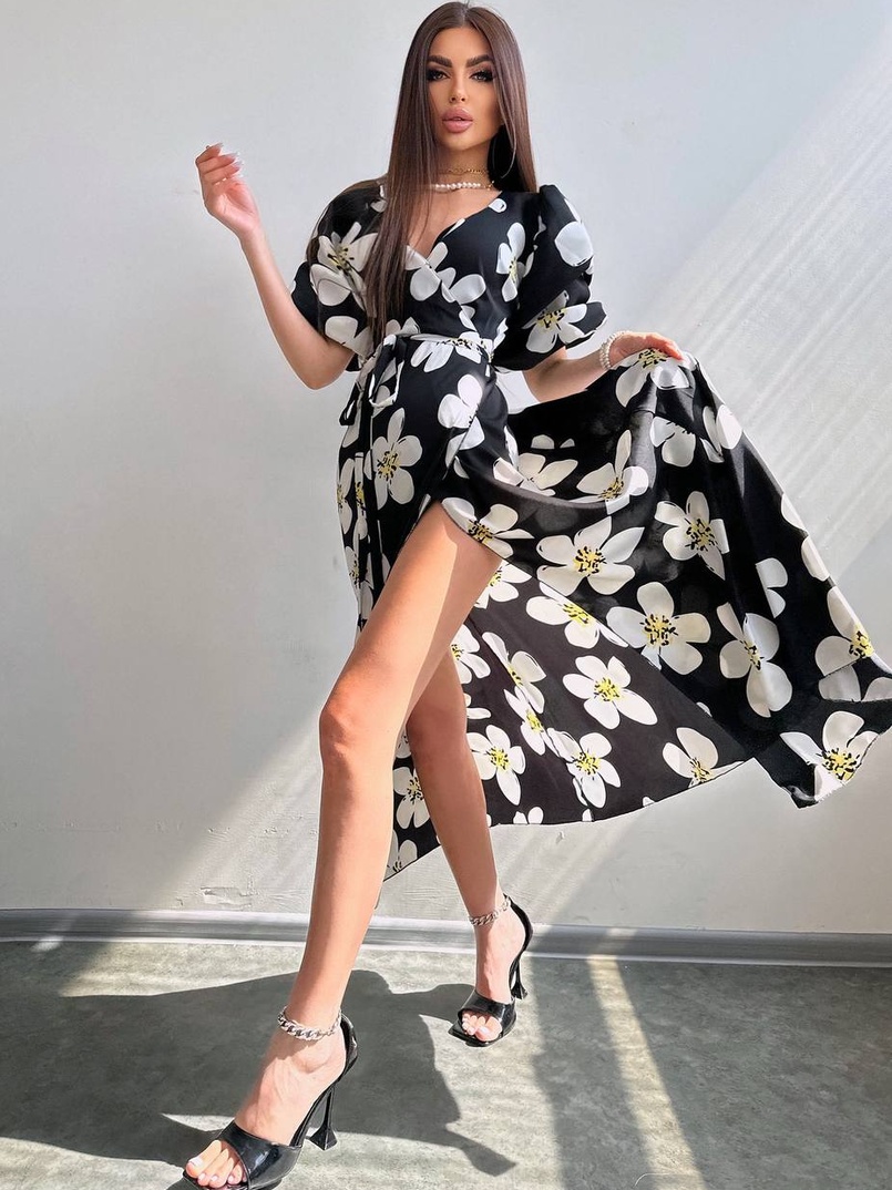 Сукня міді  із запахом та об'ємними рукавами | PUSHKA SHOP