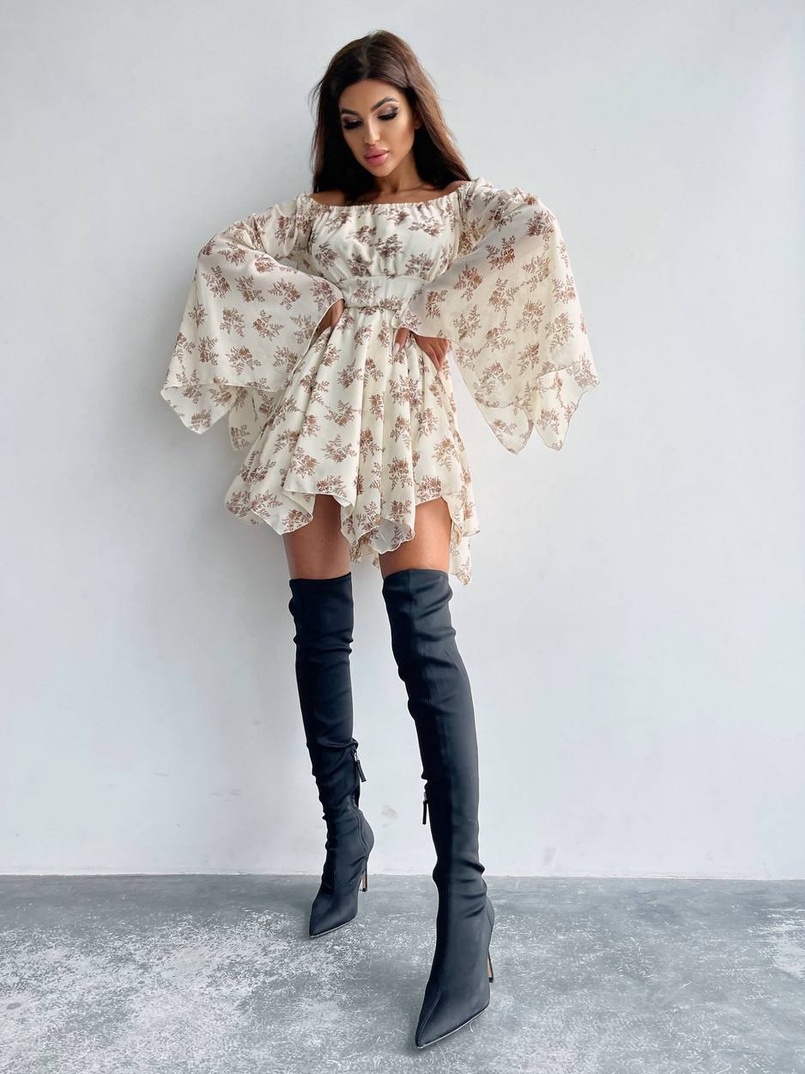 Шифонова сукня на підкладці з розкльошеними рукавами з асиметричною спідницею + корсет декорований стразами  | PUSHKA SHOP