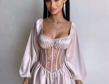 Атласна сукня з обʼємними рукавами та мереживом Атласна сукня з обʼємними рукавами та мереживом | PUSHKA SHOP