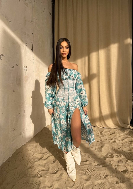 Сукня міді з розрізом в квітковий принт + прозорий корсет  | PUSHKA SHOP