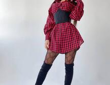 Платье-рубашка в клетку с корсетом на косточках со шнуровкой Платье-рубашка в клетку с корсетом на косточках со шнуровкой | PUSHKA SHOP