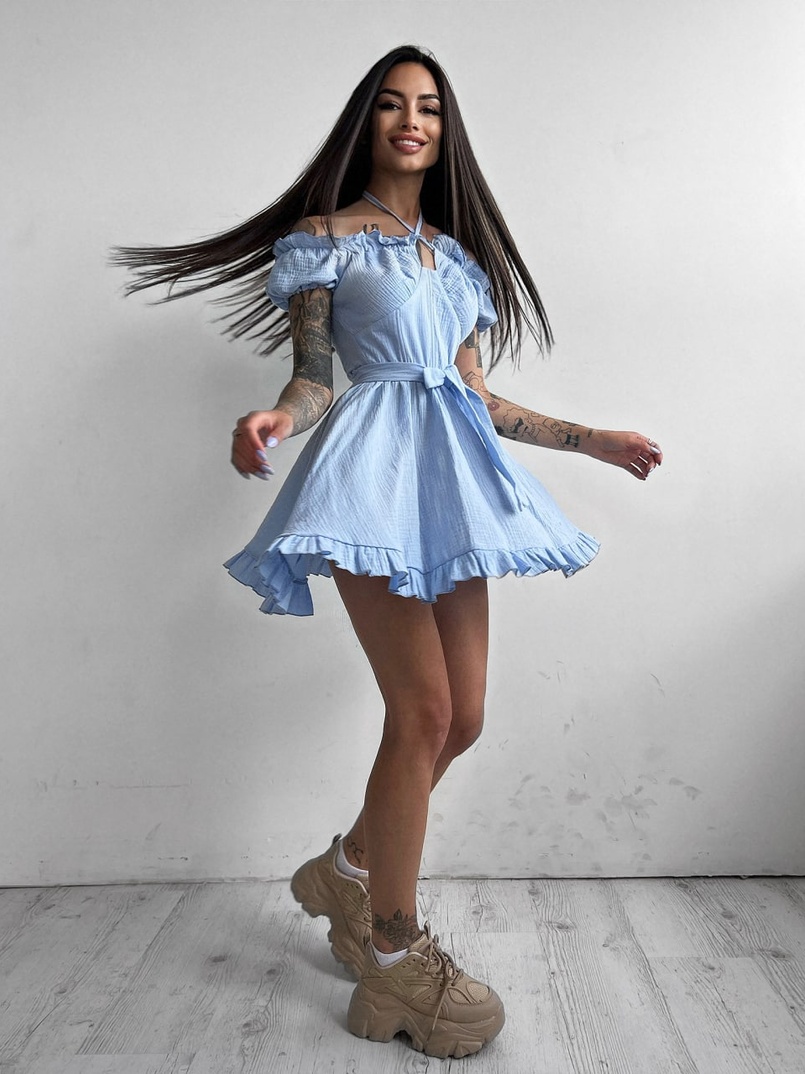 Муслиновое платье мини с корсетной вставкой на талии с косточками  | PUSHKA SHOP