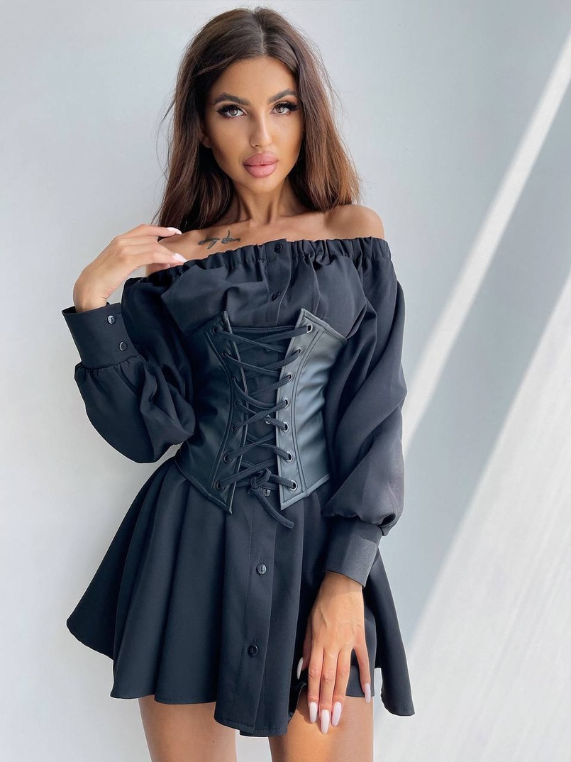 Приталена сукня-сорочка на плічках з корсетом з еко-шкіри Приталена сукня-сорочка на плічках з корсетом з еко-шкіри | PUSHKA SHOP