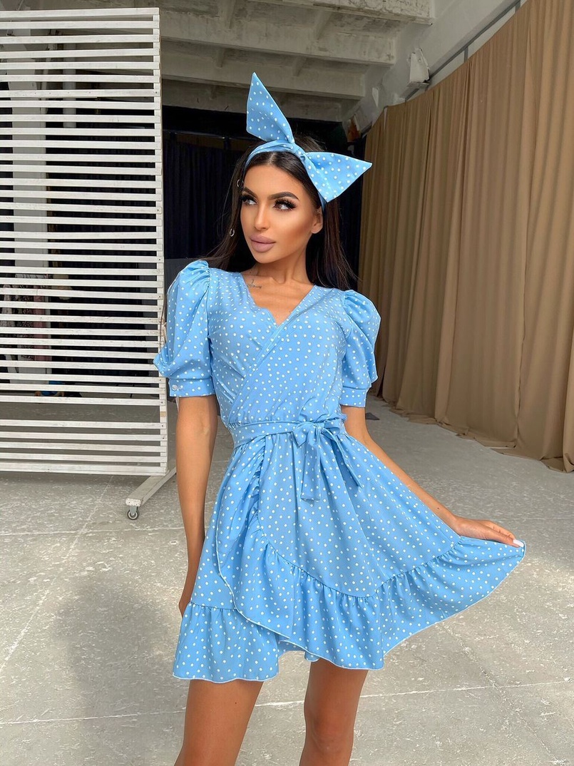 Милое платье в горошек с оборками + повязка на голову с бантом Милое платье в горошек с оборками + повязка на голову с бантом | PUSHKA SHOP