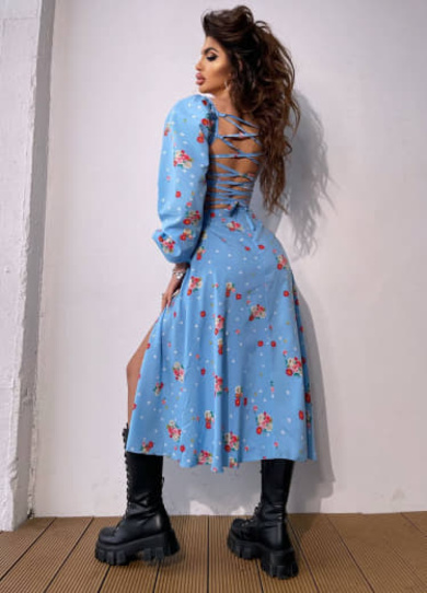 Квіткова сукня-міді зі шнурівкою на спинці та розрізом на ніжці | PUSHKA SHOP