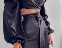 Шелковый комплект: топ с завязками на талии + юбка миди с разрезом  | PUSHKA SHOP