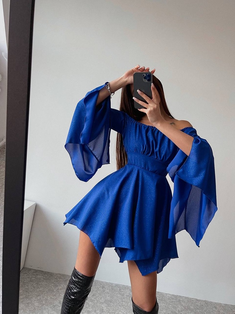 Шифонова сукня на підкладці з розкльошеними рукавами з асиметричною спідницею + корсет декорований стразами Ручна робота! | PUSHKA SHOP