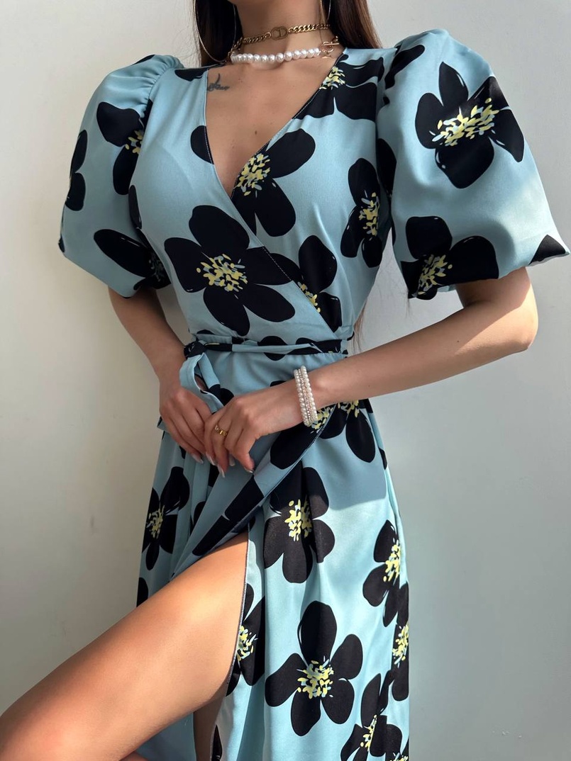 Сукня міді  із запахом та об'ємними рукавами | PUSHKA SHOP