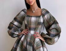 Корсетна сукня з подвійною спідницею та обʼємними рукавами у клітинку  | PUSHKA SHOP