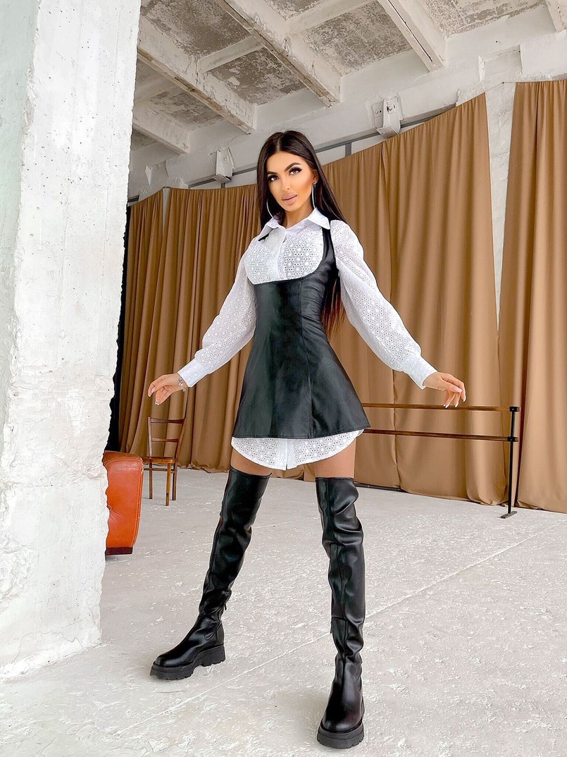 Платье-рубашка из прошвы в комплекте с сарафаном из эко-кожи    | PUSHKA SHOP