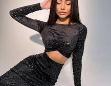 Бархатный комплект с пайетками: топ+ юбка миди с разрезом  | PUSHKA SHOP