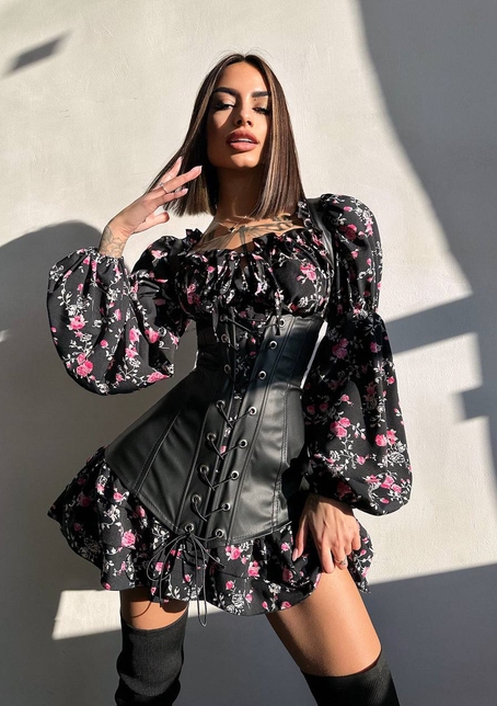 Комплект: сукня з квітковим принтом + корсет з еко-шкіри   | PUSHKA SHOP