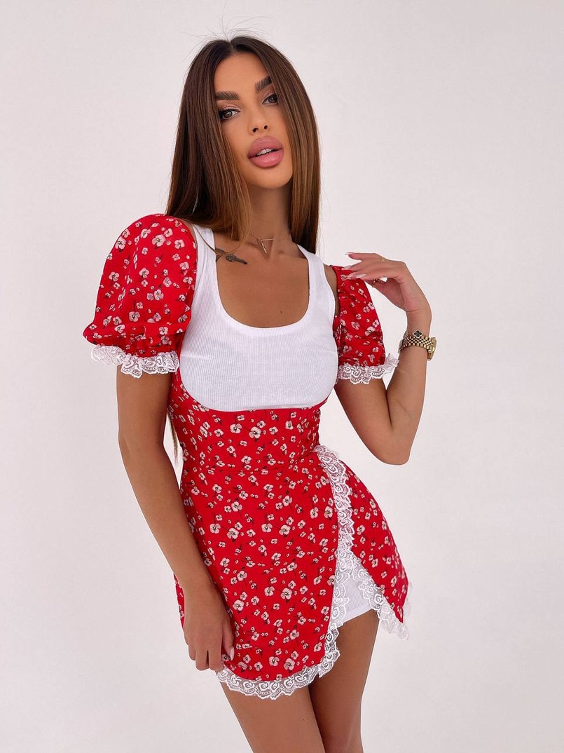 Сукня з квітковим принтом декорована мереживом  Сукня з квітковим принтом декорована мереживом  | PUSHKA SHOP