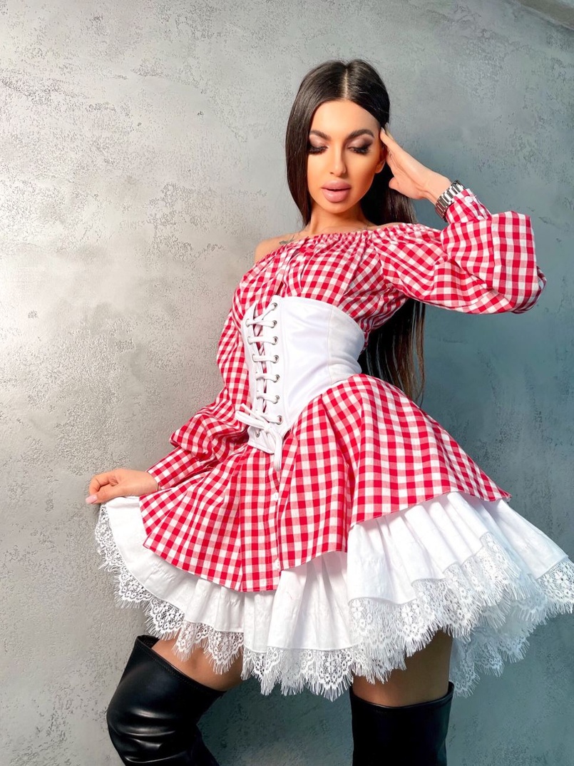 Хлопковое платье в клетку с подъюбником и корсетом из эко-кожи Хлопковое платье в клетку с подъюбником и корсетом из эко-кожи | PUSHKA SHOP